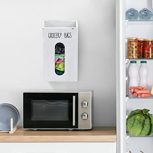 Farmhouse Grocery Bag Holder for Kitchen, Wooden Plastic Bags Holder for Supermarket shopping carrier Recycle, Wall Mounted Garbage Bag Dispenser with Extra-Wide & Easy-Access Openings, White