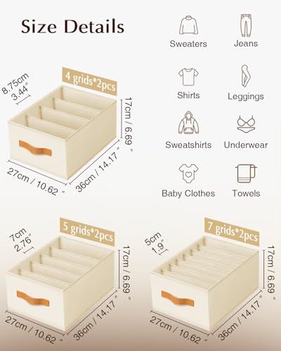 Clothes Organizers and Storage - 4/5/7 Grids Fabric Jeans Organizer with Handles, Foldable Closet Organizers Dividers, Wardrobe organizer for Pant, Sweater, T-shirt, Scarf, 6 Pack, Beige