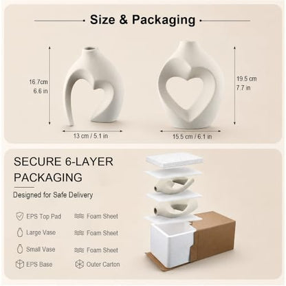 White Ceramic Flower Vase Home Table Decor Heart Shaped Vase Set of 2 | Boho Heart Shaped Minimalist Decorative Vases for coffee Table Centerpiece Wedding Dining Living Room Office House Decoration