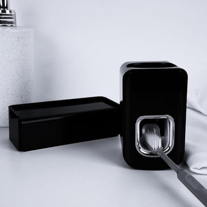 5 Slots Wall Mount Toothbrush Holder with Cover, Self Adhesive Toothbrush Storage Organizer for Shower, Toothbrush Hanger with Automatic Toothpaste Squeezer Dispenser(Black)