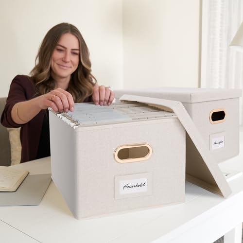 Decorative File Organizer Box Set of 2 - Collapsible Linen Filing Cabinets | Stores Documents and Hanging File Folders - Portable Office Crates with Lid and Handles for Easy Slide Access