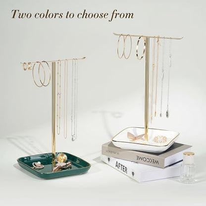 Jewelry Holder Stand with Ceramic Base, Necklace Tree: 12"Tall, 6.7"Base, Gold