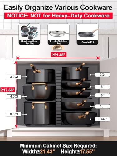 MUDEELA 8-Tier Lightweight Pots and Pans Organizer under Cabinet, 14.55" H | 3 DIY Methods, Adjustable pot rack, Fits 6"-11" pots and pans, Pot lid organizer inside cabinet, Kitchen storage