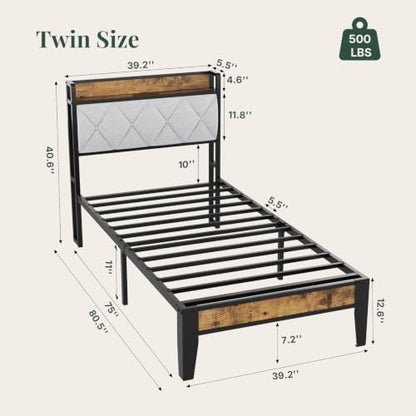 Twin Bed Frame, Headboard with Charging Plug | Upholstered Storage Design With Use, Solid Metal Construction, Noise-Free, No Box Spring Needed, Easy Assembly, Antique Wood