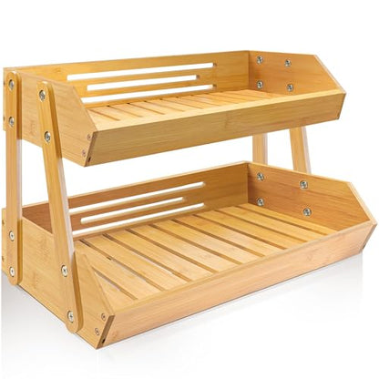 16.5" Fruit Stand Storage Holder 4 Sturdier Legs, 2-Tier Fruit Basket Bowl | Premium Produce Basket for Kitchen, Bamboo Fruit Bowl Holder for Fruit, Vegetables, Bread, Snacks, Countertop Organizer