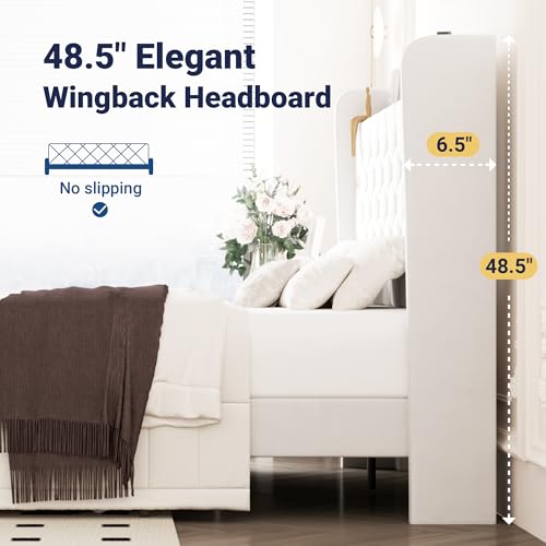 Allewie Queen Size Bed Frame, Storage Headboard with Charging Station, Wingback Velvet Upholstered, Diamond Stitched Button Tufted, Sturdy Wooden Slats, No Box Spring Needed, Easy Assembly, White