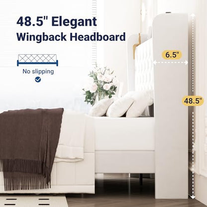 Allewie Queen Size Bed Frame, Storage Headboard with Charging Station, Wingback Velvet Upholstered, Diamond Stitched Button Tufted, Sturdy Wooden Slats, No Box Spring Needed, Easy Assembly, White