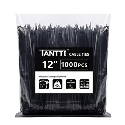 Zip Ties 12 inch, Black Zip Ties 1000 pack, 40lb, Cable Ties, Self-locking Wire ties for indoor and outdoor use, by Tantti
