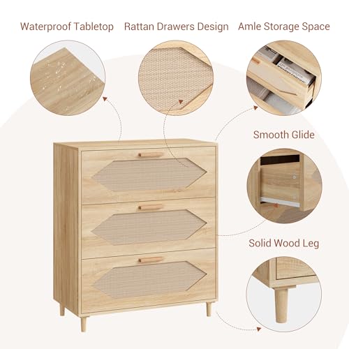 GAOMON 3 Drawer Dresser for Bedroom, 31.5 Inch Wide Rattan Modern Closet Dressers Chest of Drawers, Wood Oak Storage Chest for Kids Bedroom, Hallway, Living Room, Hallway, Natural