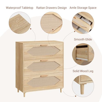 GAOMON 3 Drawer Dresser for Bedroom, 31.5 Inch Wide Rattan Modern Closet Dressers Chest of Drawers, Wood Oak Storage Chest for Kids Bedroom, Hallway, Living Room, Hallway, Natural