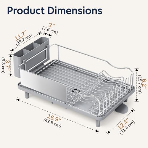 KINGRACK Stainless Steel Dish Drying Rack with Cup Holder for Counter, Grey | 16.9"L x 12.4" W Dish Rack with Spacious Drying Capacity, Quick Auto Dish Drainer for Plate Dish Dinnerware，Sliver
