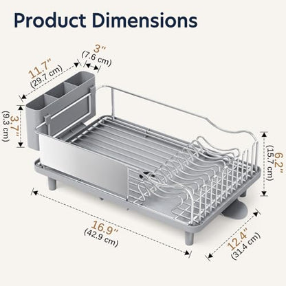 KINGRACK Stainless Steel Dish Drying Rack with Cup Holder for Counter, Grey | 16.9"L x 12.4" W Dish Rack with Spacious Drying Capacity, Quick Auto Dish Drainer for Plate Dish Dinnerware，Sliver
