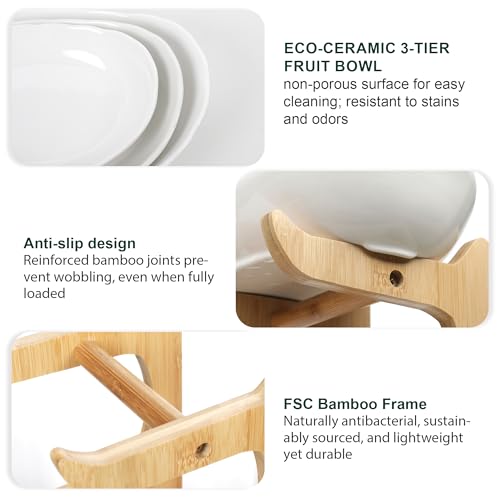 SEVEN SPARTA Fruit Bowl for Kitchen Counter - 3 Tier Ceramic Serving Bowls with Bamboo Stand, Tiered Fruit Basket for Fruit Vegetable Storage, Cake, Dessert, Nuts, Snack, Salad (Dishwasher safe)