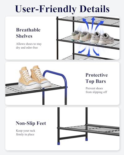 Kitsure Stainless Steel Shoe Rack Organizer, 25.6" Wide - 3 Tier, Black | Sturdy Shoe Rack for Closet and Entryway, Free Standing Shoe Shelf, Closet Organizers and Storage