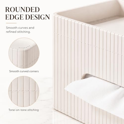 Ribbed PU Leather Tissue Box Cover with Storage Tray, Rectangular Facial Tissue Holder for Bathroom Vanity, Nightstand & Office Desk, Modern Decorative Tissue Dispenser (Ivory White)