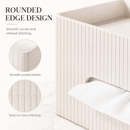Ribbed PU Leather Tissue Box Cover with Storage Tray, Rectangular Facial Tissue Holder for Bathroom Vanity, Nightstand & Office Desk, Modern Decorative Tissue Dispenser (Ivory White)