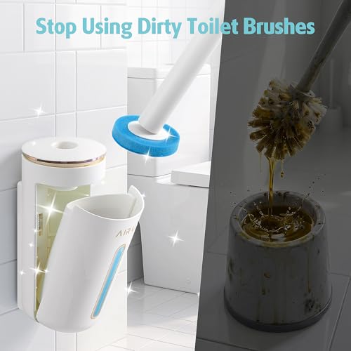AIR U+ Disposable Toilet Brush, Toilet Bowl Cleaning System with 24 Count Wand Refill, Clean Brush Starter Kit with 1 Toilet Wand, 1 Storage Caddy and 1 Fragrant Tablet (1 + 24)