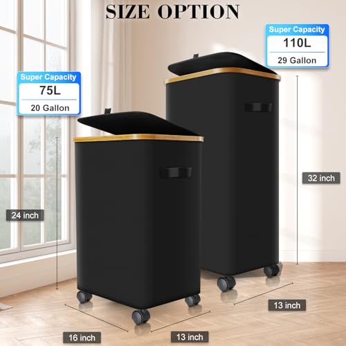 Laundry Hamper with Wheels,20 Gal (75L) Laundry Basket with lid Rolling Clothes Hamper Foldable Dirty Clothes Basket on wheels with Bamboo Frame and Bag for Bedroom, Dorm, Laundry Room-Black