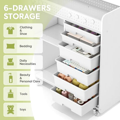 Rolling Craft Cart with 6 Drawers, Pegboard and Locking Wheels White | Ample multi-zone storage, 2 open shelves, art cart for classrooms, homeschool and offices, sturdy wood-metal frame