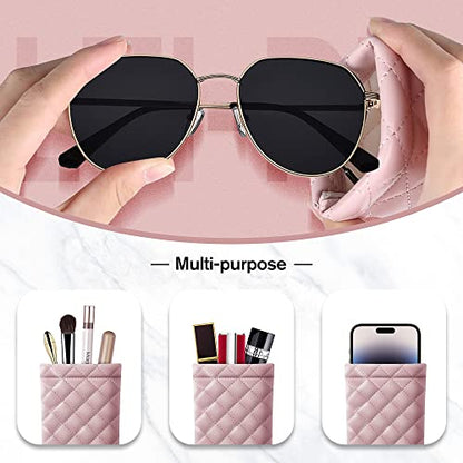Squeeze Top Sunglass Pouch - Portable Sunglass Organizer Pouch Bags Soft PU Leather Glasses 2 Pack