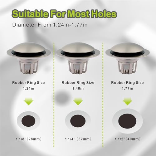 Pop Up Sink Drain Stopper Hair Catcher - Brushed Nickel 2 Pack | Universal bathroom， Fits 1-1/8 & 1-1/2 drains， Rust resistant brass， Waste plug drain replacement， Tool free quick odor stop.