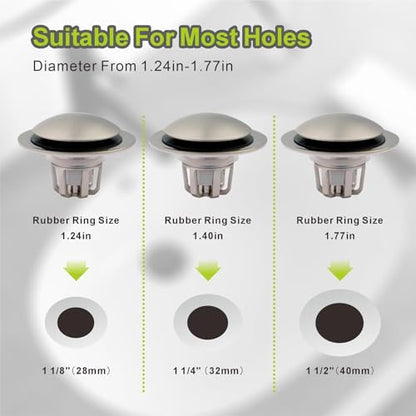 Pop Up Sink Drain Stopper Hair Catcher - Brushed Nickel 2 Pack | Universal bathroom， Fits 1-1/8 & 1-1/2 drains， Rust resistant brass， Waste plug drain replacement， Tool free quick odor stop.