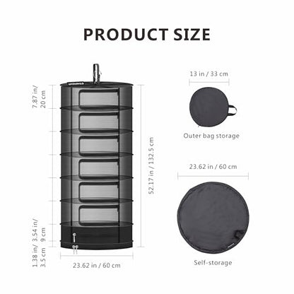 Herb Drying Rack Hanging Mesh, 2ft Diameter 7 Layer Plant Drying Rack with Door Type Zipper & Closed Storage Compartment for Folding Basket Dryer Fiting in Grow Tents, Garden Outdoor