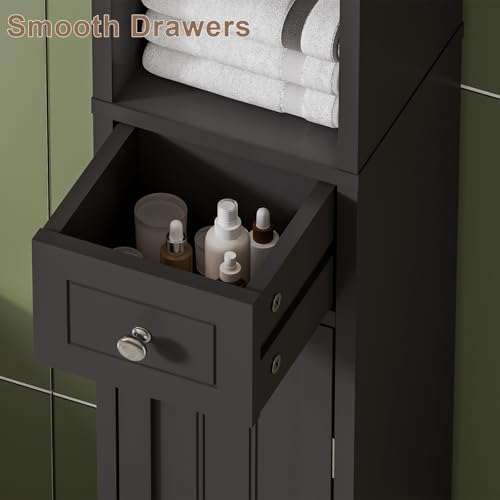 ChooChoo Narrow Bathroom Storage Cabinet with Adjustable Shelves and Drawer | Tall Slim Storage Cabinet, Freestanding Cupboard for Small Spaces, Black