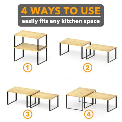 Cabinet Shelf Organizers 2 Pack, Kitchen Counter R... (Black + Natural | Bamboo)