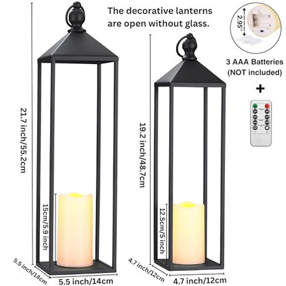 Perfnique Decorative Lanterns for Indoor & Outdoor, Set of 2 Black Metal Lanterns (22" & 19") with LED Timer Flameless Candles, Farmhouse Modern Decor for Front Porch, Patio, Mantle