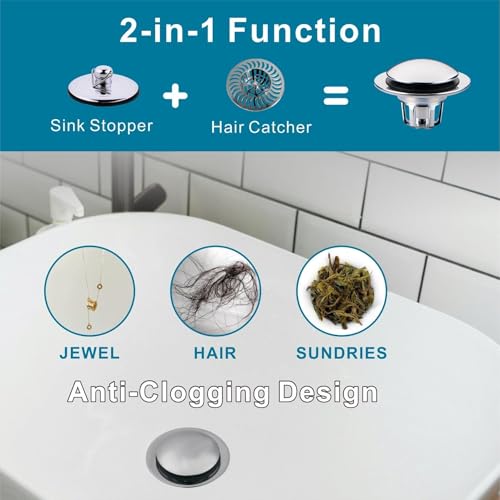 WELSAN Chrome Plated Bathroom Sink Drain Stopper 1 1/8"-1 1/2" Bath Drain | Bathroom Sink Stopper Replacement, Universal Pop-Up Drain Stopper Plug Strainer with Hair Catcher, Anti-Clogging Design