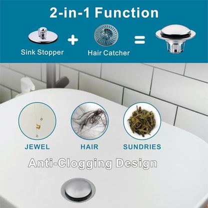 WELSAN Chrome Plated Bathroom Sink Drain Stopper 1 1/8"-1 1/2" Bath Drain | Bathroom Sink Stopper Replacement, Universal Pop-Up Drain Stopper Plug Strainer with Hair Catcher, Anti-Clogging Design