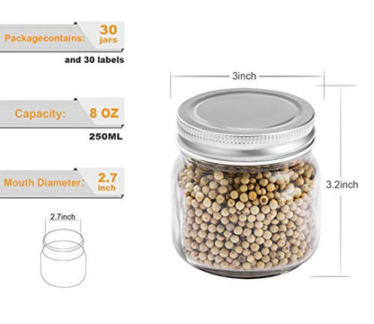 Mason Jars 8 oz 30 Pack Small Glass Caning Jars with Silver Lids
