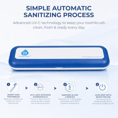 Pursonic Portable UV Toothbrush Sanitizer Case - Travel Toothbrush Sanitizer and Holder - For Electric and Manual Brush Heads with UV Light & Auto Shut Off Timer