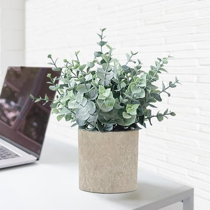 2 Pack Small Fake Eucalyptus Plants for Office Bathroom Decor | Sage Green Frosted Artificial Plant Safe for pet and Child | No Watering Farmhouse Decor for Shelf Desk Bedroom Coffee Table