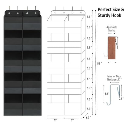 Giraffe Creation Black Over Door Organizer with 10 Large Clear Pockets, Double-Row Hanging Door Storage for Closet, Bathroom, Nursery, Bedroom, Dorm, Toys, Cosmetics, Baby Essentials