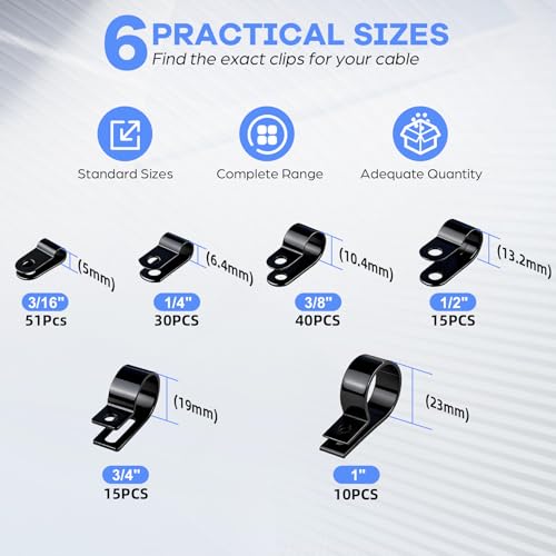 JORREP 322PCS R-Type Cable Clips, 3/16 to 1 in, 6 Sizes for Wire Management | PA66 Nylon, 3/16" 1/4" 3/8" 1/2" 3/4" 1", With screws, For office, garage, yard and auto wire setup, Easy to install