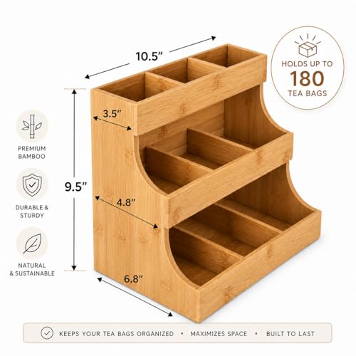 Theodore Tea Bag Organizer – Wooden Tea Organizer and Storage for Home, Kitchen, Office – 180 Tea Bag Holder - Vertical Display Tea Box. Also for Coffee Pods, Sugar, Sweeteners and Creamers.