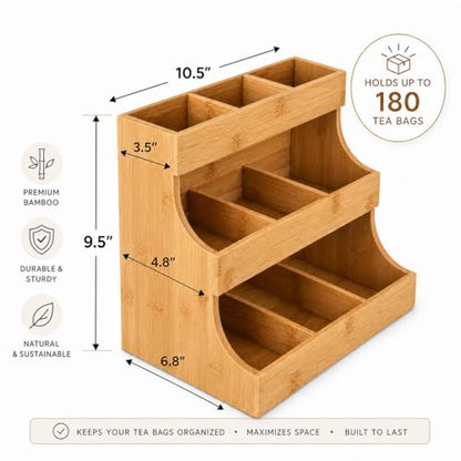 Theodore Tea Bag Organizer – Wooden Tea Organizer and Storage for Home, Kitchen, Office – 180 Tea Bag Holder - Vertical Display Tea Box. Also for Coffee Pods, Sugar, Sweeteners and Creamers.