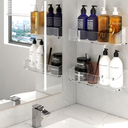 Acrylic Shower Shelves 3 Pack, Clear Adhesive Shower Caddy Organizer, Rustproof No Drill Wall Mount Bathroom & Kitchen Storage Rack