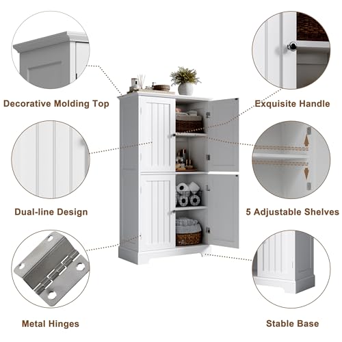 ChooChoo Bathroom Floor Cabinet with Adjustable Shelves | Bathroom Storage Cabinet, 4 Doors, Freestanding Cupboard for Living Room, White