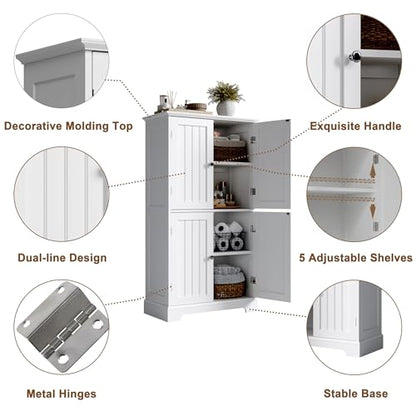 ChooChoo Bathroom Floor Cabinet with Adjustable Shelves | Bathroom Storage Cabinet, 4 Doors, Freestanding Cupboard for Living Room, White