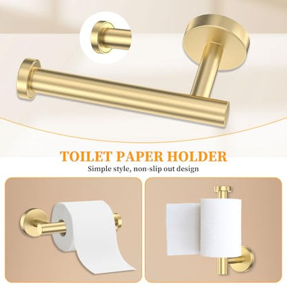 Brushed Gold Towel Bar Set 10 Pieces Round Bathroom Hardware Set Includes 23.6in Towel Bar Towel Ring Toilet Paper Holder Towel Hooks Stainless Steel Wall-Mounted Bathroom Towel Holder Set