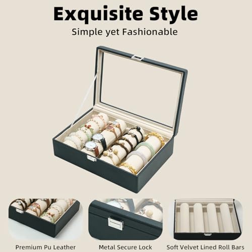 Bracelets Organizer Rods Bangles Display Holder, Clear See through Lid Leather Velvet Jewelry Storage Box Case for Women, 4 Rods Black Leather