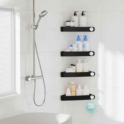 Plastic Shower Caddy Corner (for 90° Only), 4 Pack, Black | Adhesive Corner Shower Shelves for Smooth Wall Bathroom Organizers and Storage, Bathroom Decor