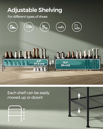 SONGMICS Shoe Rack, 2-Tier Shoe Organizer, Metal Shoe Shelf Storage with 4 Side Hooks, Holds 18 Pairs of Shoes, Height-Adjustable Shoe Rack for Entryway, Hallway, Closet, Ink Black ULMR121B01