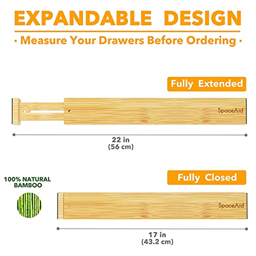 SpaceAid Bamboo Drawer Dividers with Labels, Kitchen Adjustable Drawer Organizers, Expandable Organization for Home, Office, Dressers and Bathroom, 6 Dividers (17-22 in)