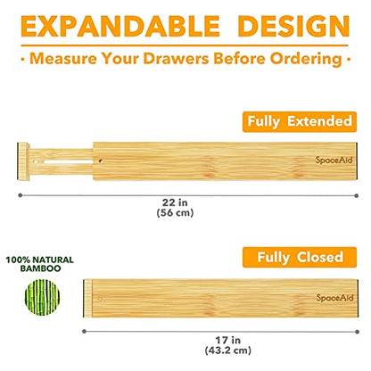 SpaceAid Bamboo Drawer Dividers with Labels, Kitchen Adjustable Drawer Organizers, Expandable Organization for Home, Office, Dressers and Bathroom, 6 Dividers (17-22 in)