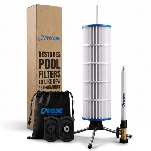 CYCLONE FILTER CLEANER – Patented Hose-Powered Spinning Pool Cartridge Filter Cleaning Tool with Stand & Spray Wand – Cleans 5X Faster – Fits 3”, 4”, 6” ID Filters