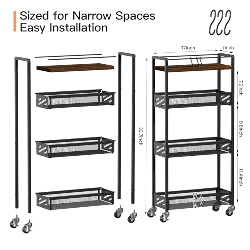 DGSNADGO Slim Rolling Storage Cart, 4-Tier Kitchen... (Metal, Wood)